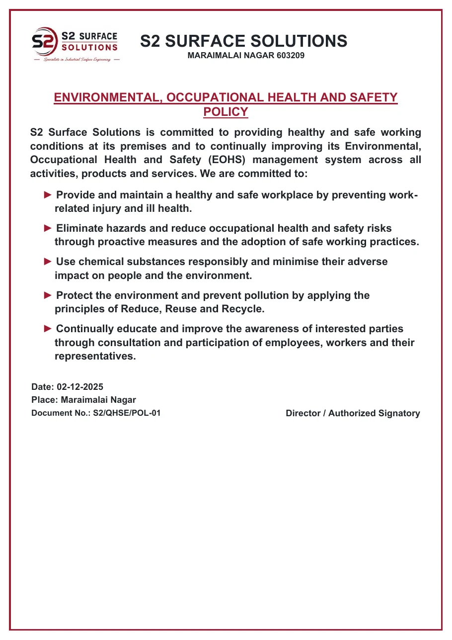 Preview of the S2 Surface Solutions Environmental, Occupational Health and Safety Policy