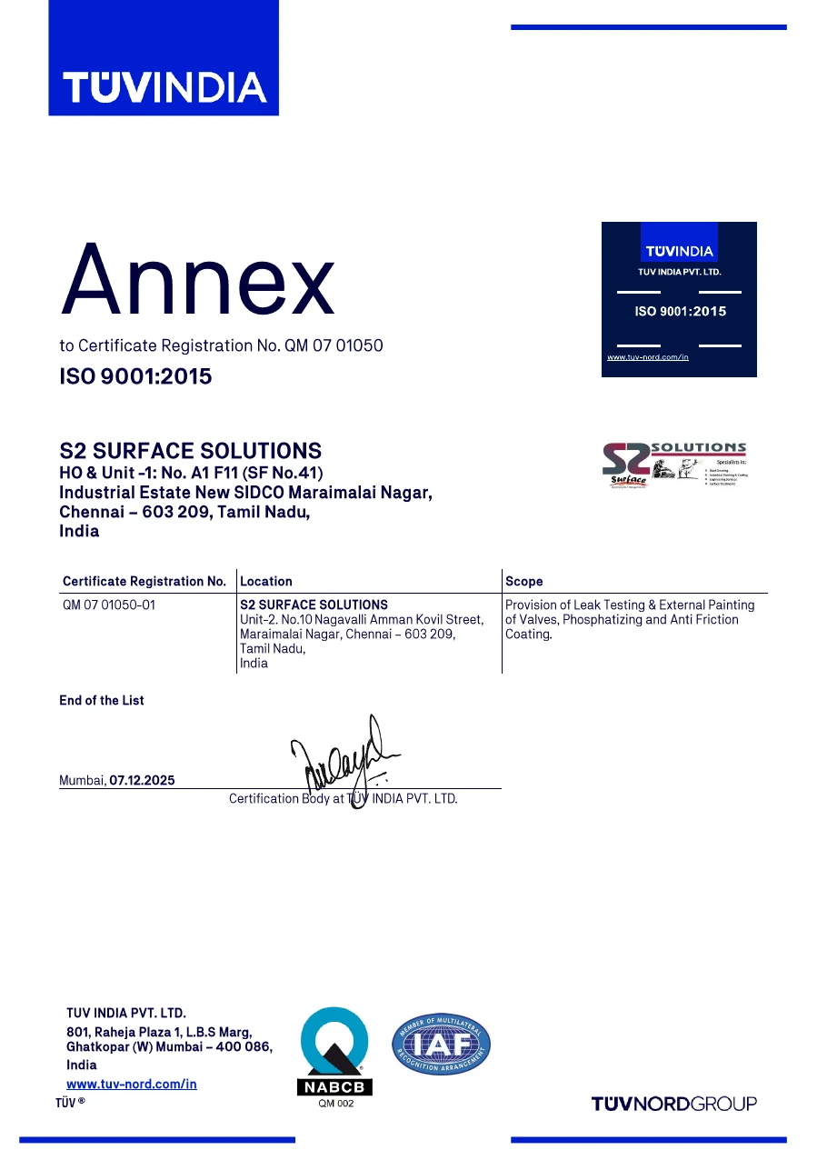 Preview of the S2 Surface Solutions ISO 9001 certificate annex