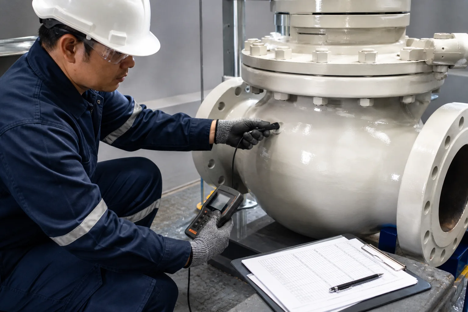 Inspector measuring dry film thickness on a coated industrial component