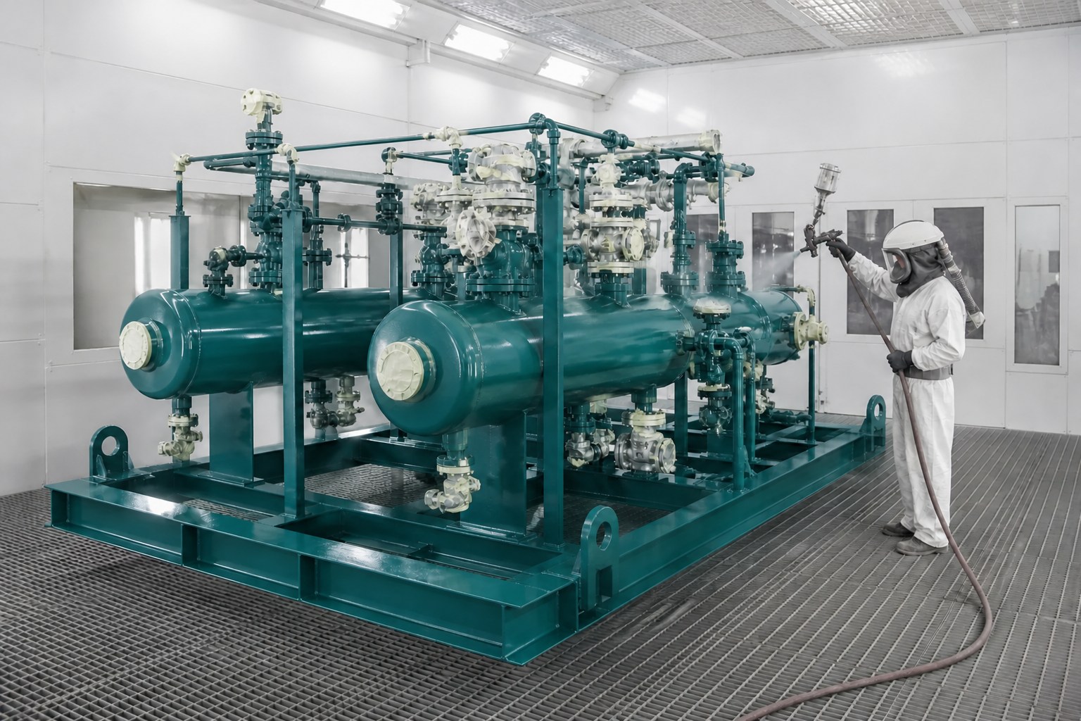 Engineered auxiliary system finished in deep-teal protective coating