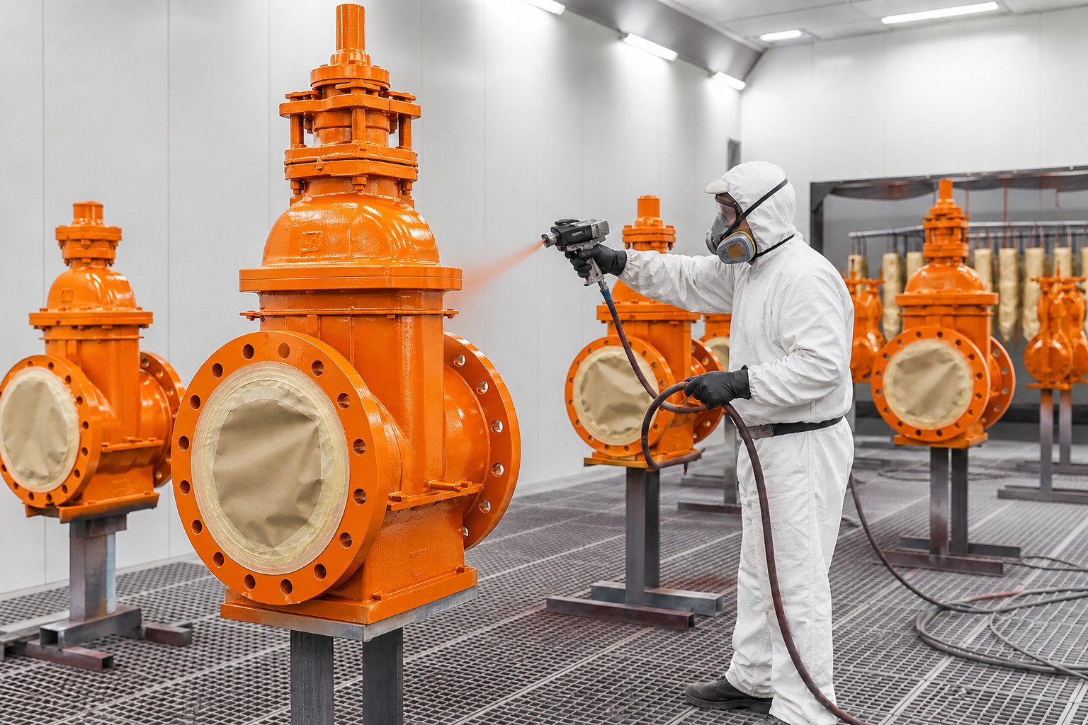 Industrial valves finished in vibrant safety-orange protective coating